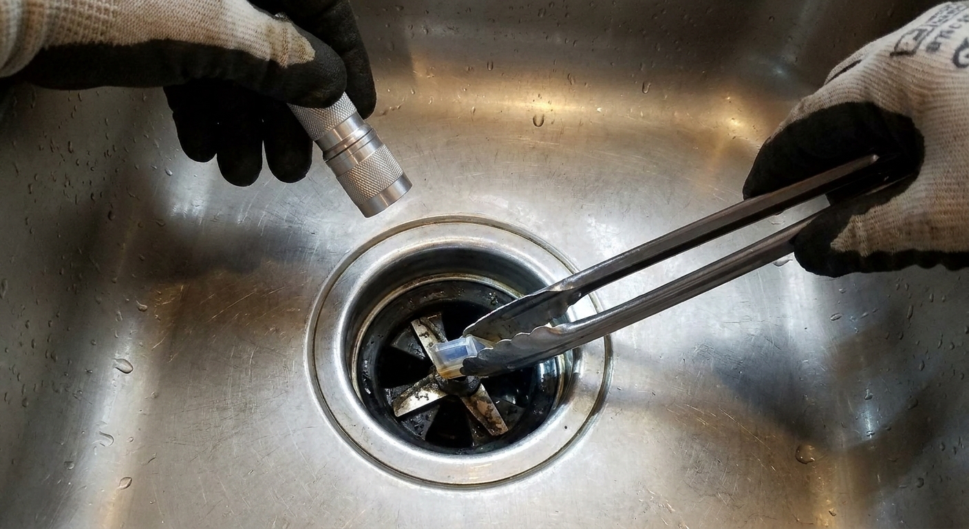 Close-up photo of a kitchen sink with a flashlight shining into a garbage disposal while a hand uses metal tongs to grab a small obstruction
