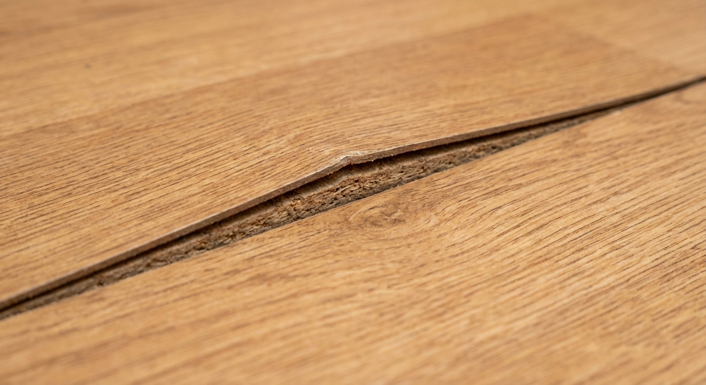 Close-up photo of a laminate floor plank edge with slight swelling and raised seam from moisture exposure