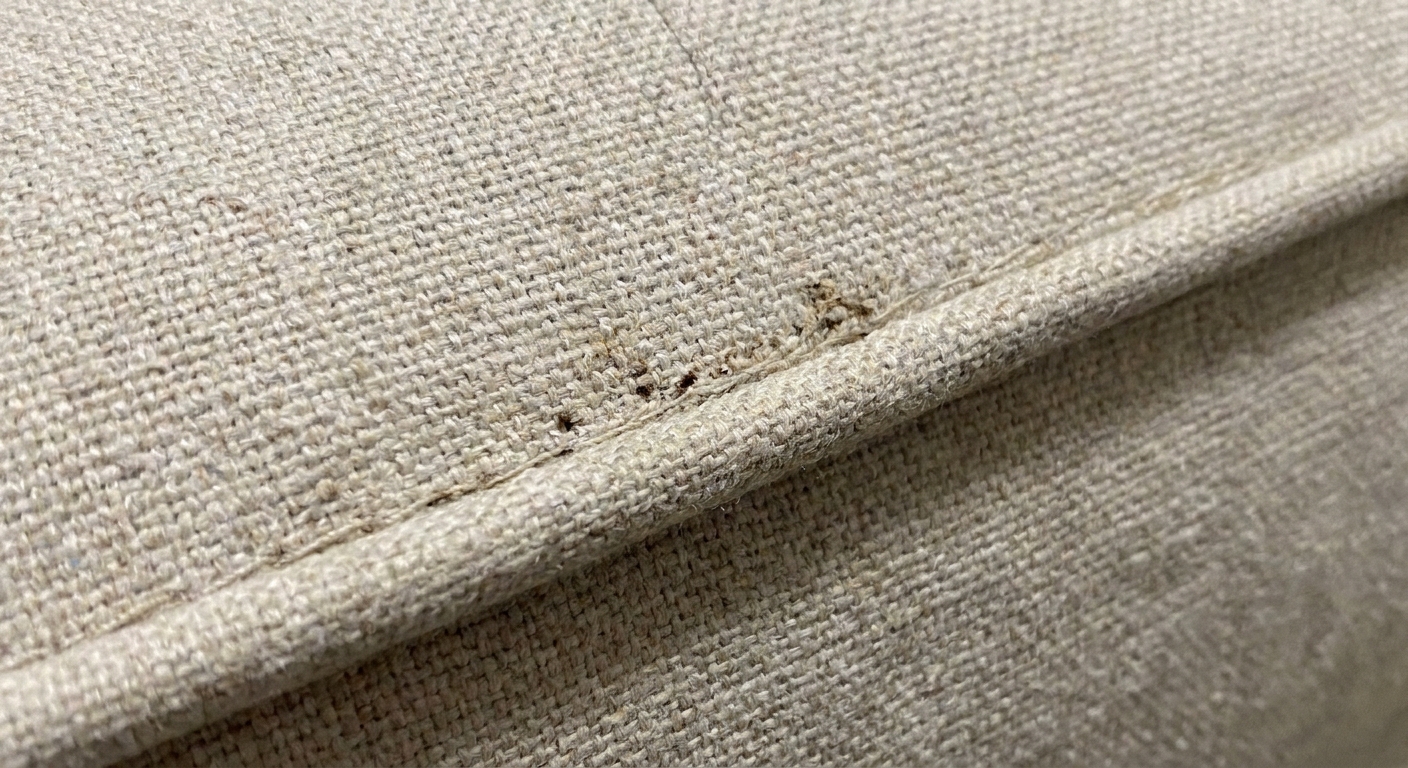 Close-up photo of a light-colored upholstered sofa seam showing small dark fecal spots along the stitching near the piping