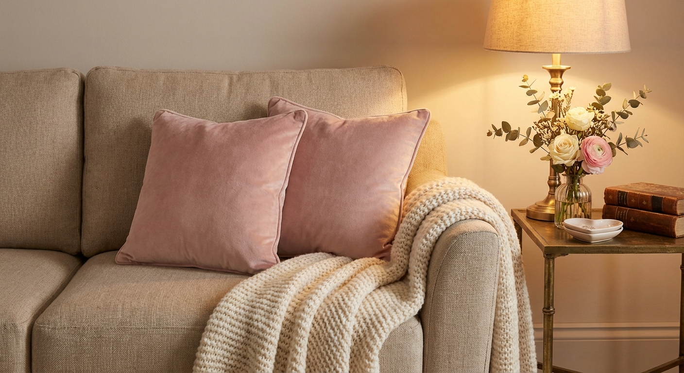Close-up photo of a linen sofa styled with two blush velvet pillows and a cream knit throw, with warm lamplight and a brass side table beside it