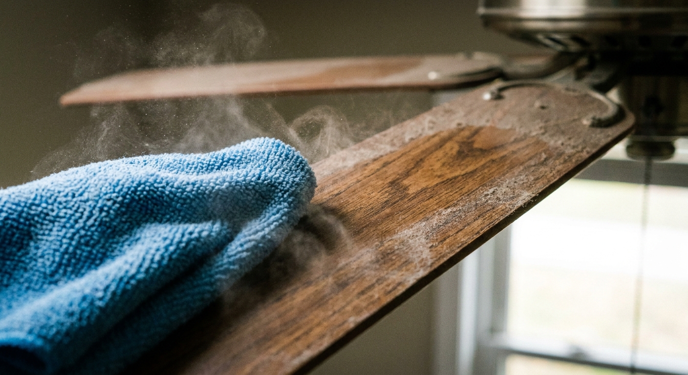 Close-up photo of a microfiber cloth wiping dust from the top of a ceiling fan blade