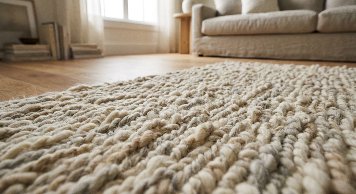 Close-up photo of a neutral wool area rug pile with visible texture and slight variation in yarn thickness, softly lit living room background