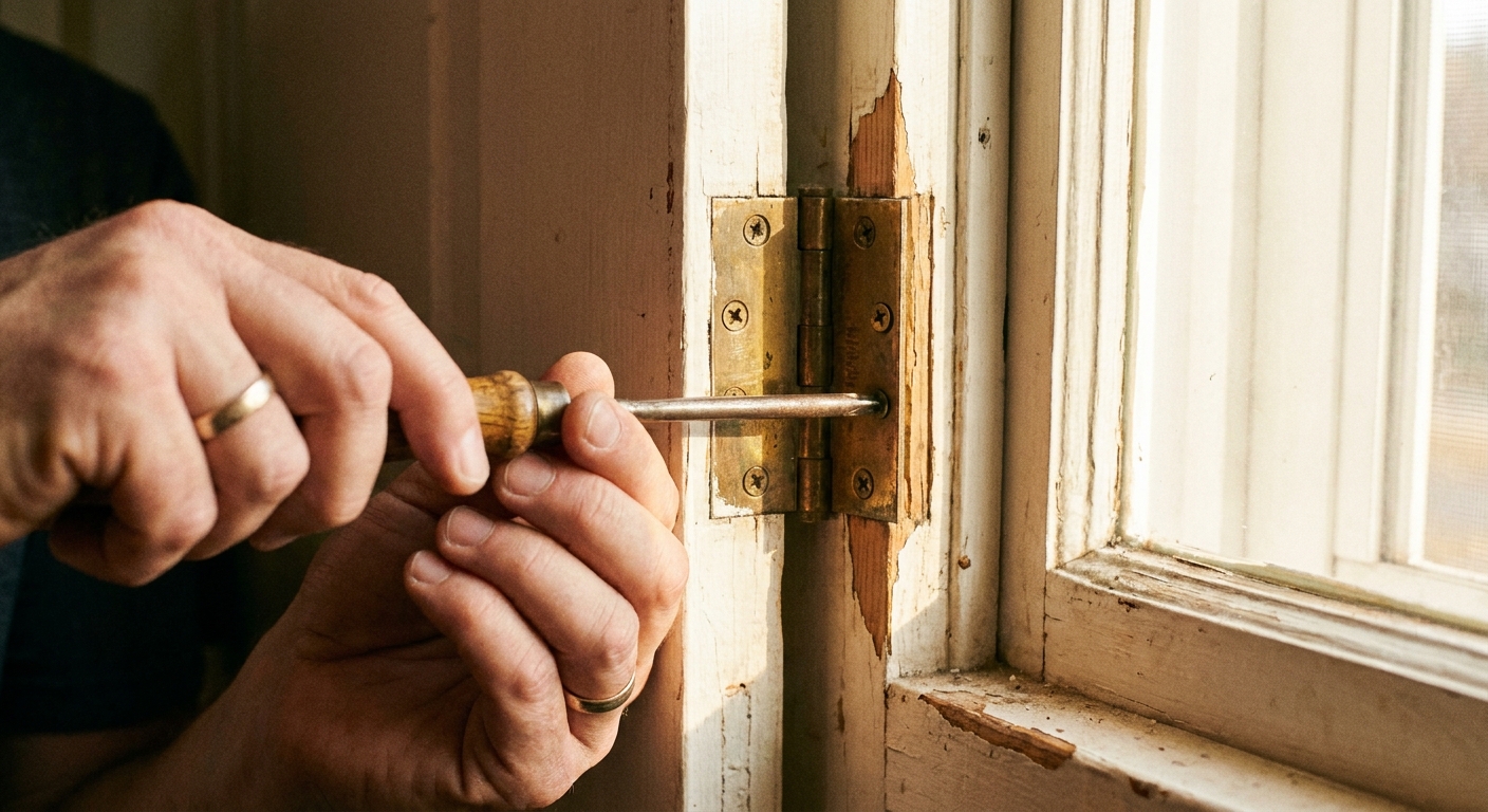 Close-up photo of a person tightening brass door hinge screws with a screwdriver on a white interior door in warm natural light