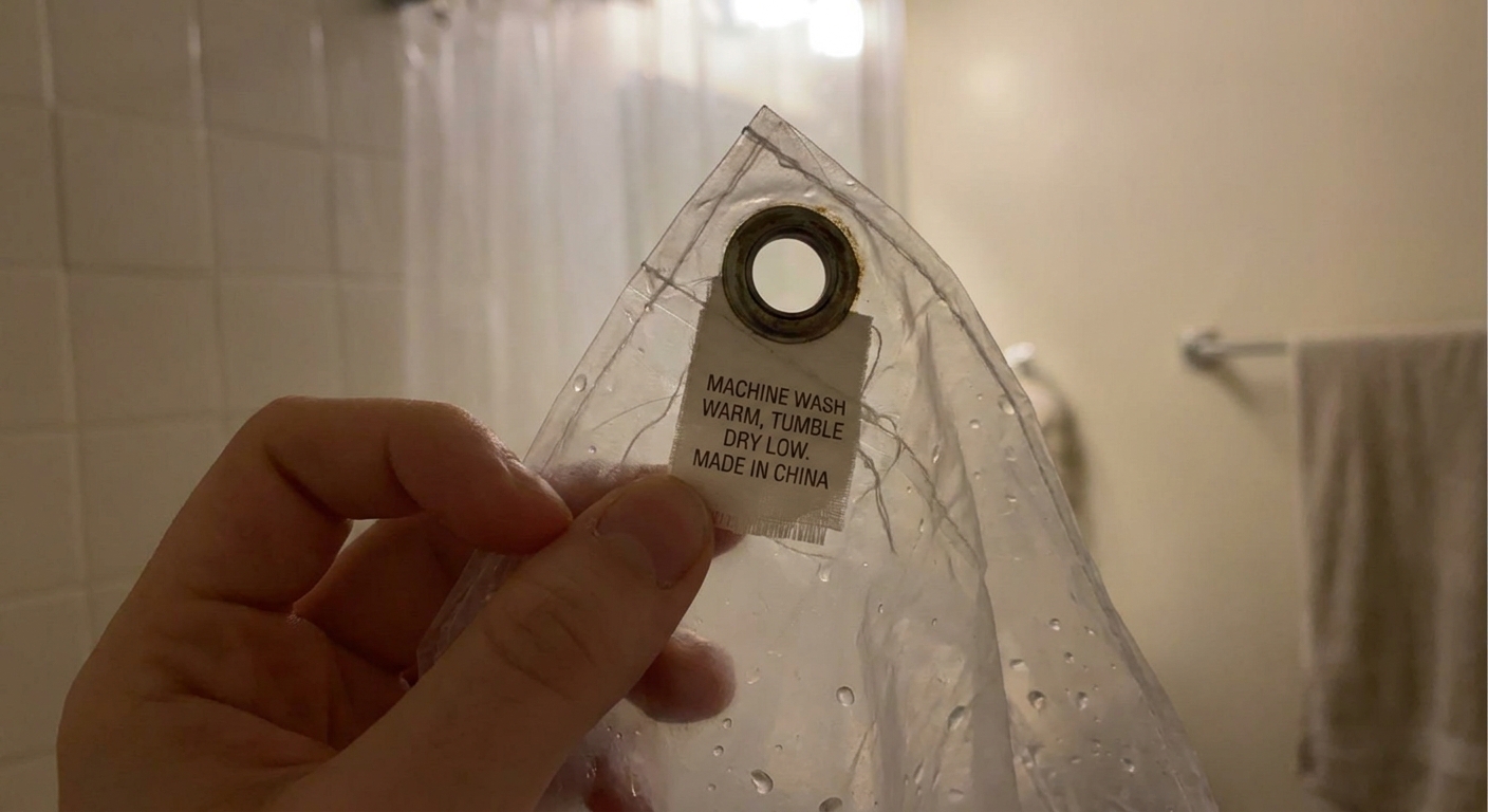 Close-up photo of a shower liner corner showing a care tag and metal grommet at the top edge, held in a hand in a softly lit bathroom
