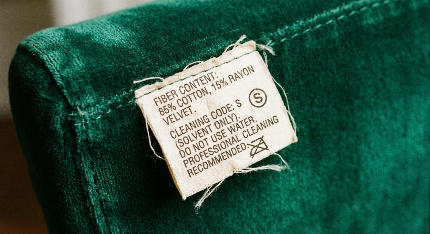 Close-up photo of an upholstery care tag on a velvet chair showing cleaning codes and fiber content