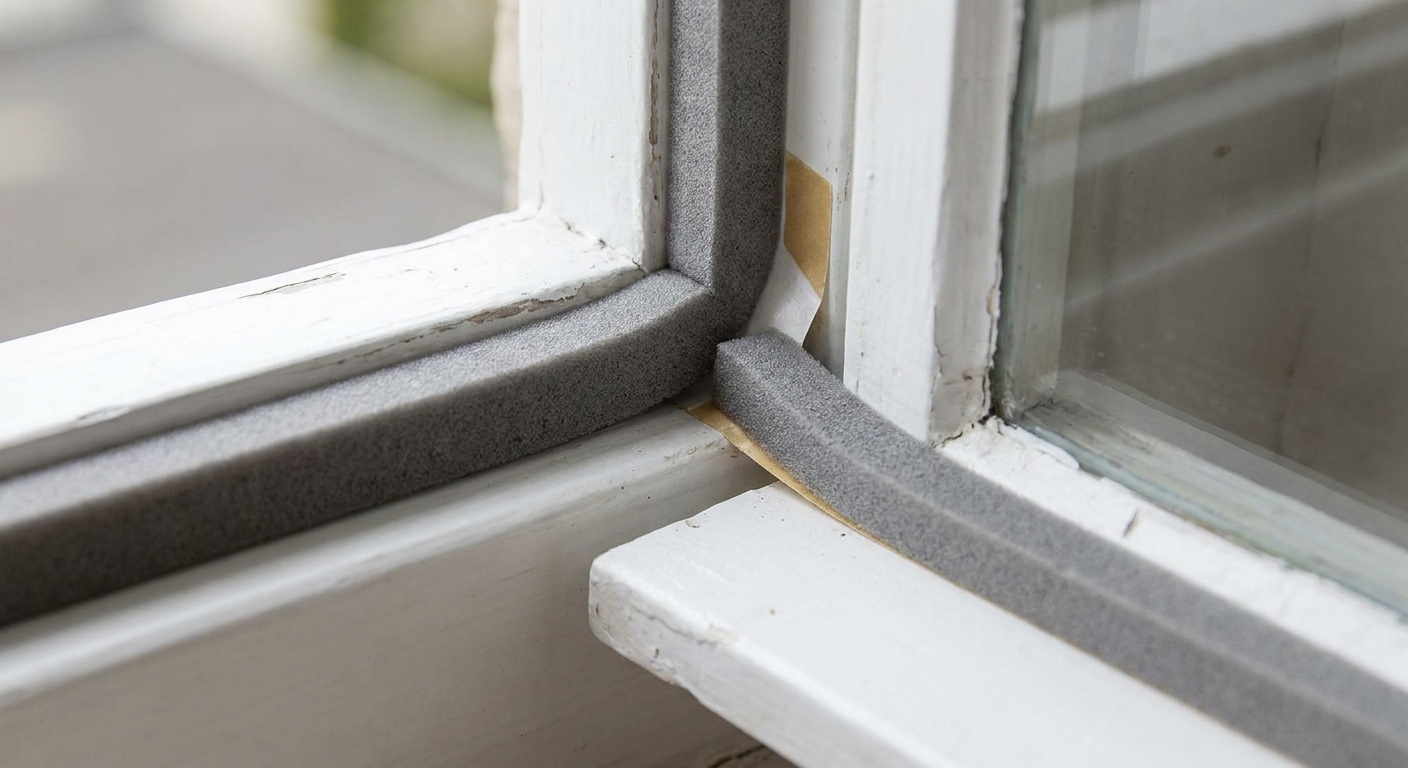 Close up photo of gray adhesive foam weatherstripping applied along the inside edge of a white-painted window frame, showing a clean, renter-safe seal