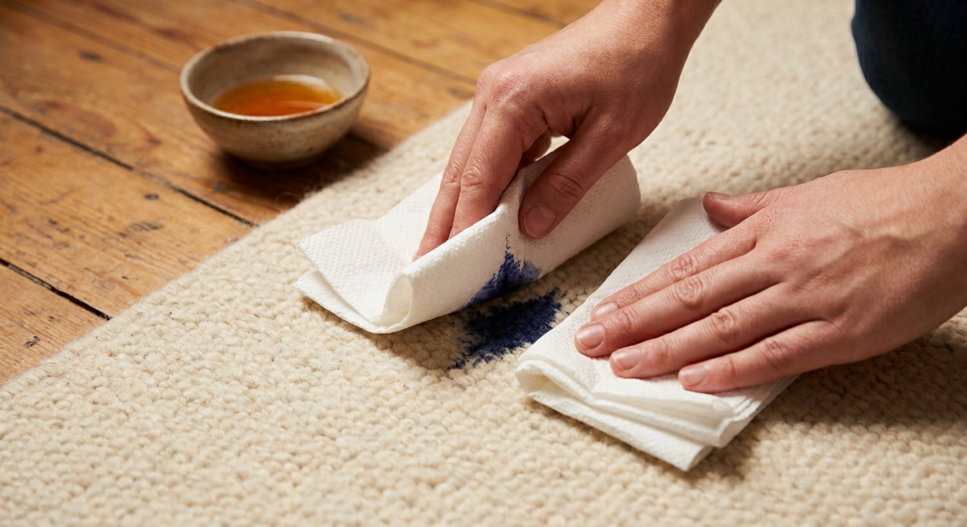 Close-up photo of hands blotting a fresh ink spot on a light-colored area rug using white paper towels, with a small bowl nearby, warm indoor lighting