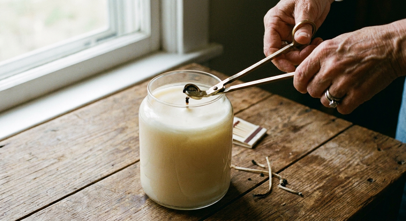 Close-up photo of hands trimming a candle wick to about a quarter inch with wick trimmers beside an unlit candle on a wooden table