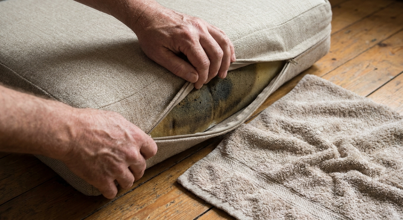 Close-up photo of hands unzipping a sofa cushion cover to expose damp foam inside, with a towel nearby on a hardwood floor