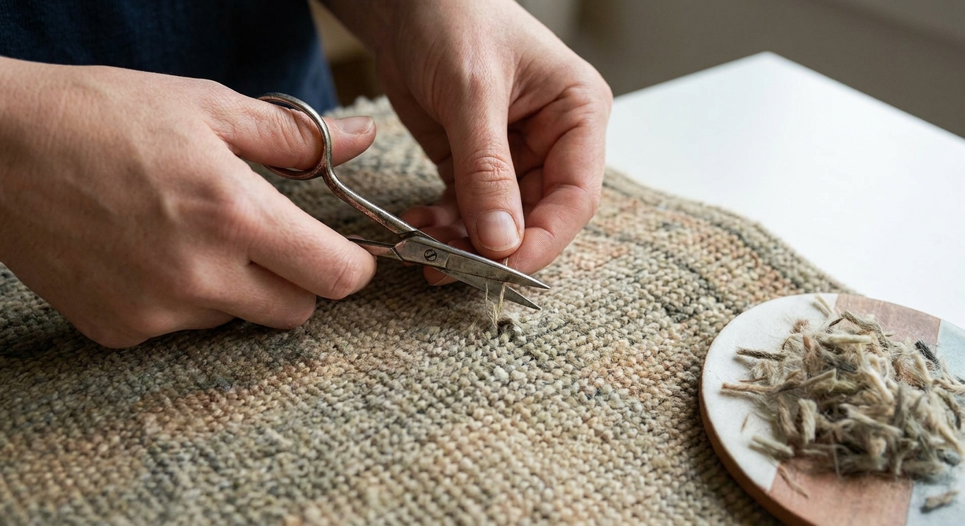 Close-up photo of hands using small scissors to trim a few loose fibers on a textured area rug, careful and tidy