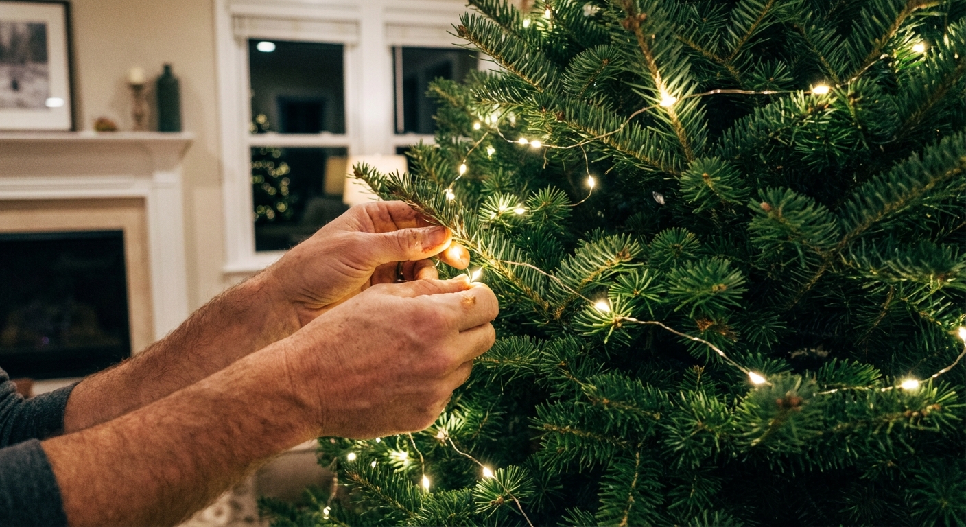 Close-up photo of hands weaving warm white string lights in and out through the branches of a green Christmas tree, indoor evening lighting