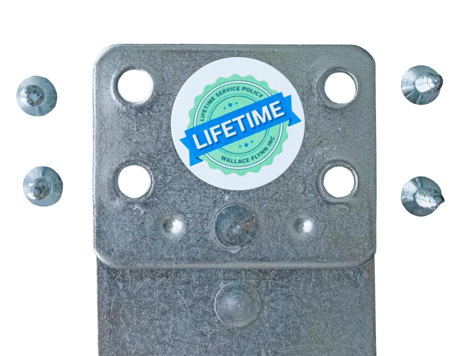 Close-up photo of the underside of a sectional sofa showing a metal interlocking connector plate attached to the wooden frame