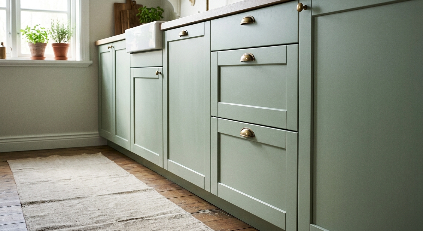 Close-up photograph of a Sektion kitchen with shaker-style cabinet doors and a simple painted finish, showing crisp edges and soft daylight
