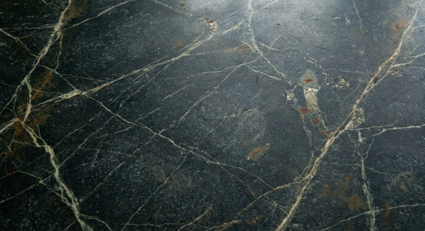 Close up photograph of a soapstone countertop surface showing fine veining, a soft matte sheen, and natural color variation