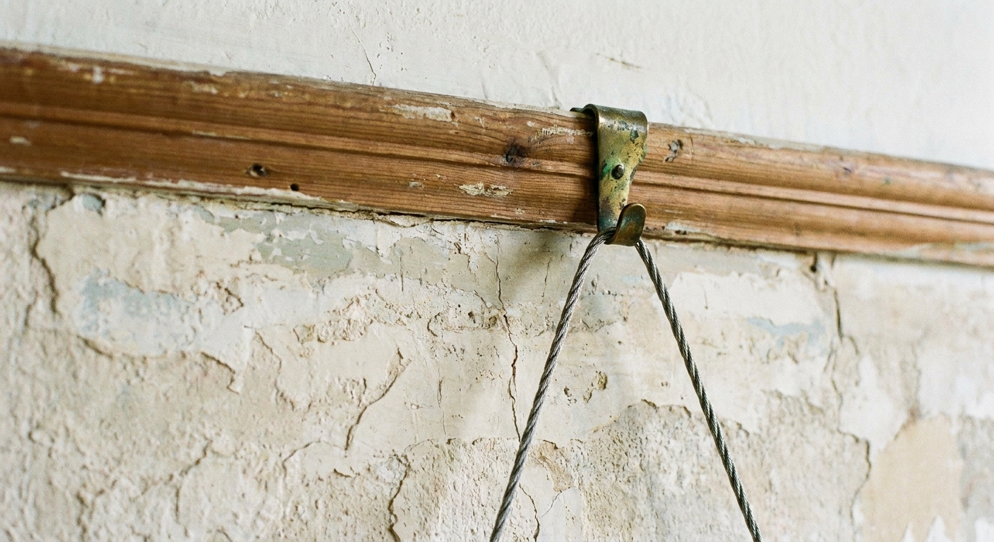 Close-up photograph of a traditional plaster wall with a wooden picture rail near the ceiling and a metal picture rail hook holding a hanging wire