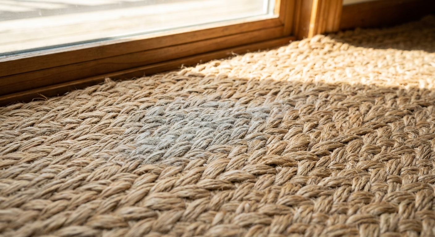 Close-up photograph of small pale mildew speckles on a tan jute area rug weave near a sunlit window, realistic texture detail