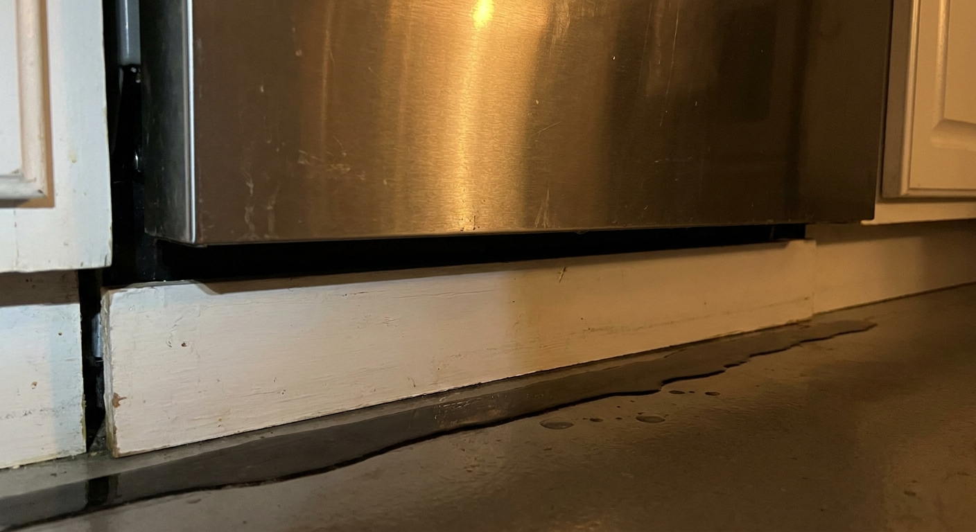 Close-up photograph of the bottom edge of a dishwasher door and toe-kick area with a damp line visible along the seam, warm indoor lighting