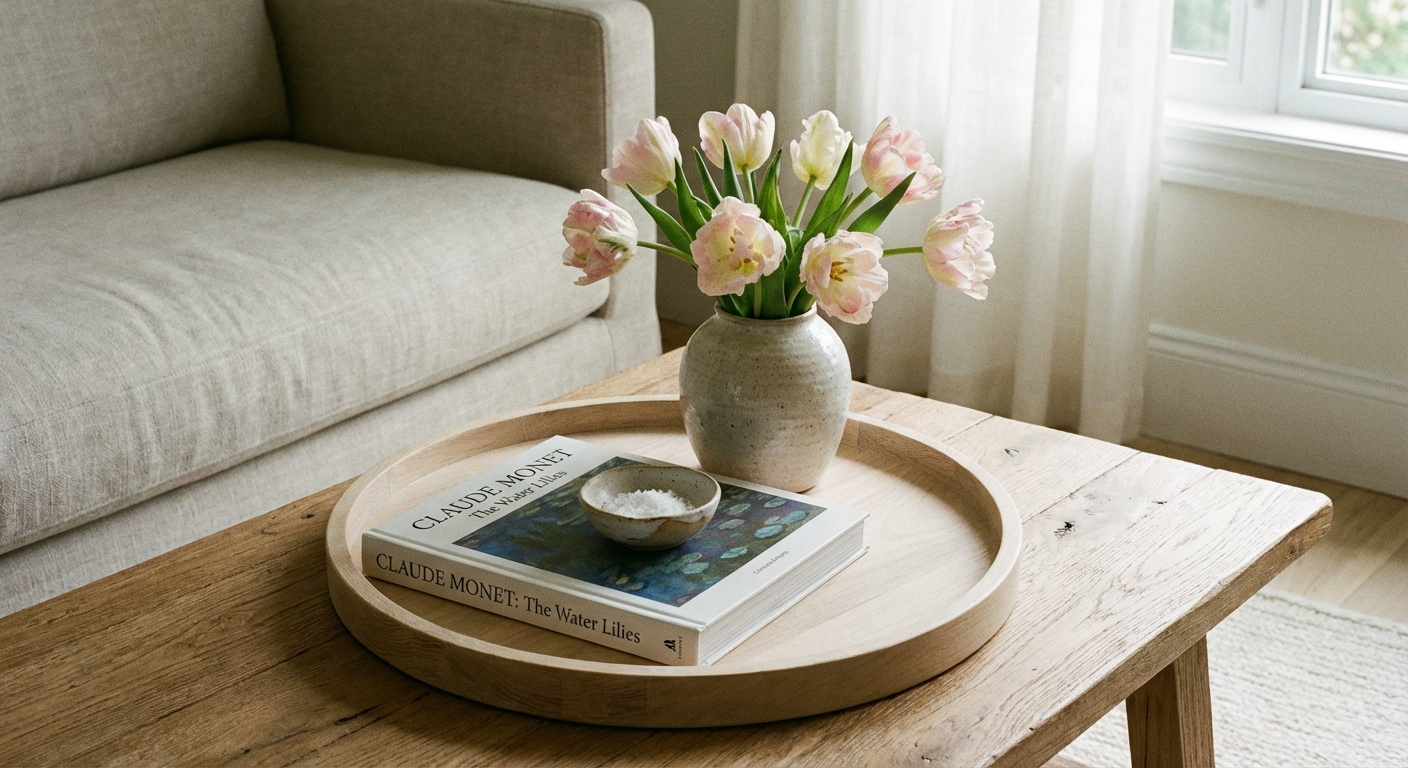 Coffee table styled with a light wood tray, one art book, a small ceramic bowl, and a vase of tulips in soft daylight