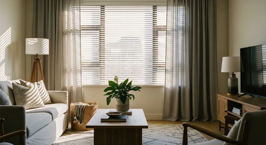 Cozy rental living room with beige thermal curtains layered over white blinds on a tall window, warm lamp glow and soft textiles