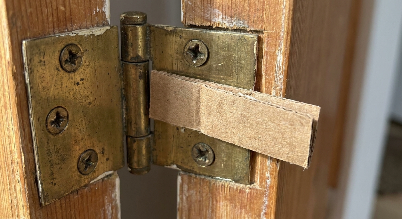 Detalle de una bisagra con un trozo fino de cartón colocado entre la bisagra y el marco para ajustar la alineación de la puerta, fotografía realista