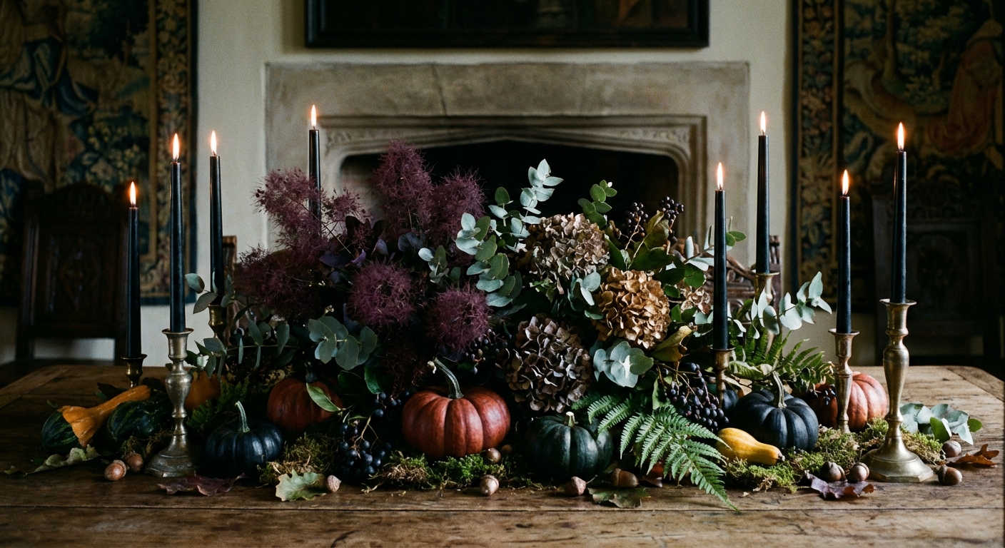 Dining table centerpiece with black taper candles, pumpkins, and dark foliage