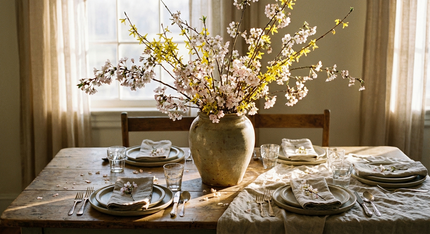 Dining table styled with flowering branches arranged loosely in a vintage ceramic vase, with soft morning light and simple place settings