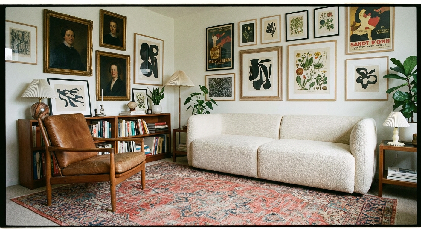 Eclectic living room with a modern neutral sofa, vintage wooden armchair, patterned rug, and mixed framed art