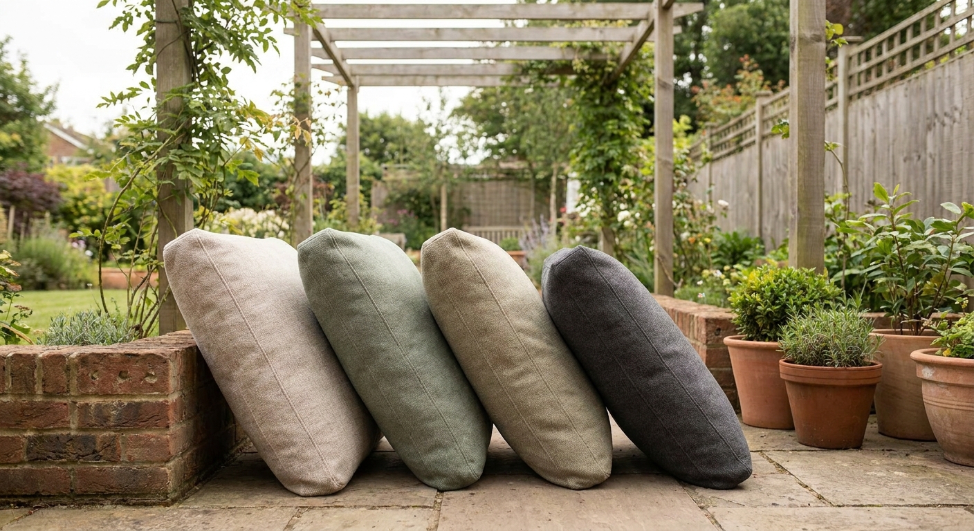 Fabric couch cushions set upright on a clean patio in bright indirect daylight, positioned to allow airflow around them