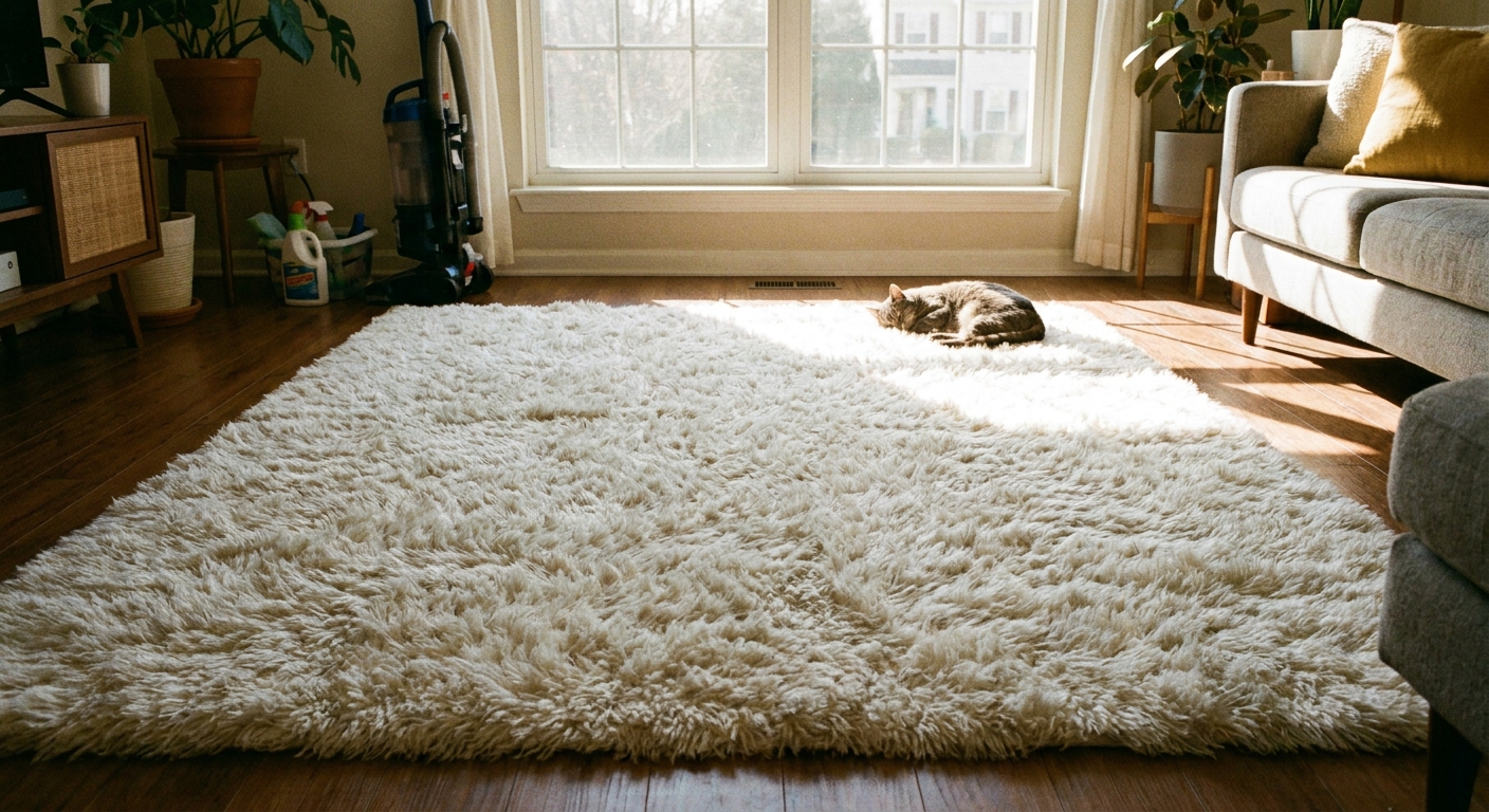 Fluffy white shag rug in a sunlit room after cleaning
