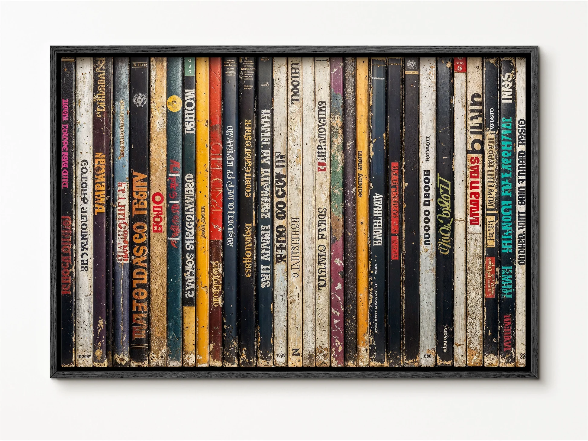 Framed arrangement of worn vintage book spines aligned in a neat row, showing faded titles and textured cloth covers