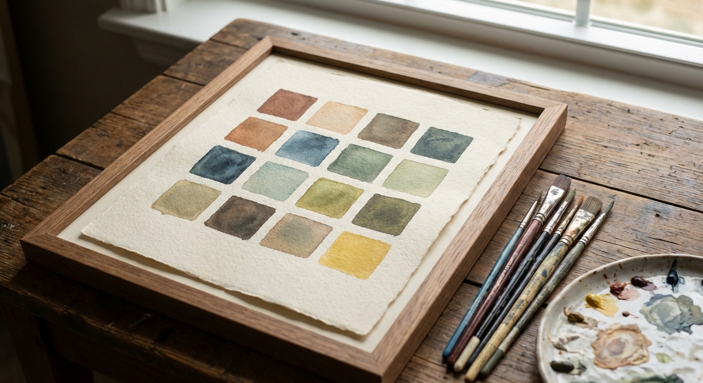 Framed hand-painted grid of muted color squares on thick paper resting on a wooden table with paintbrushes nearby