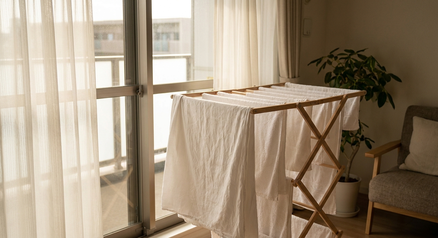 Freshly washed white linens draped over a drying rack near a sunny apartment window with sheer curtains, realistic home photo