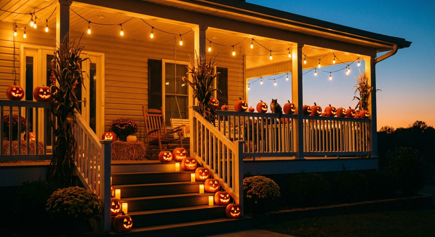 Front porch at dusk with jack-o-lanterns and warm string lights