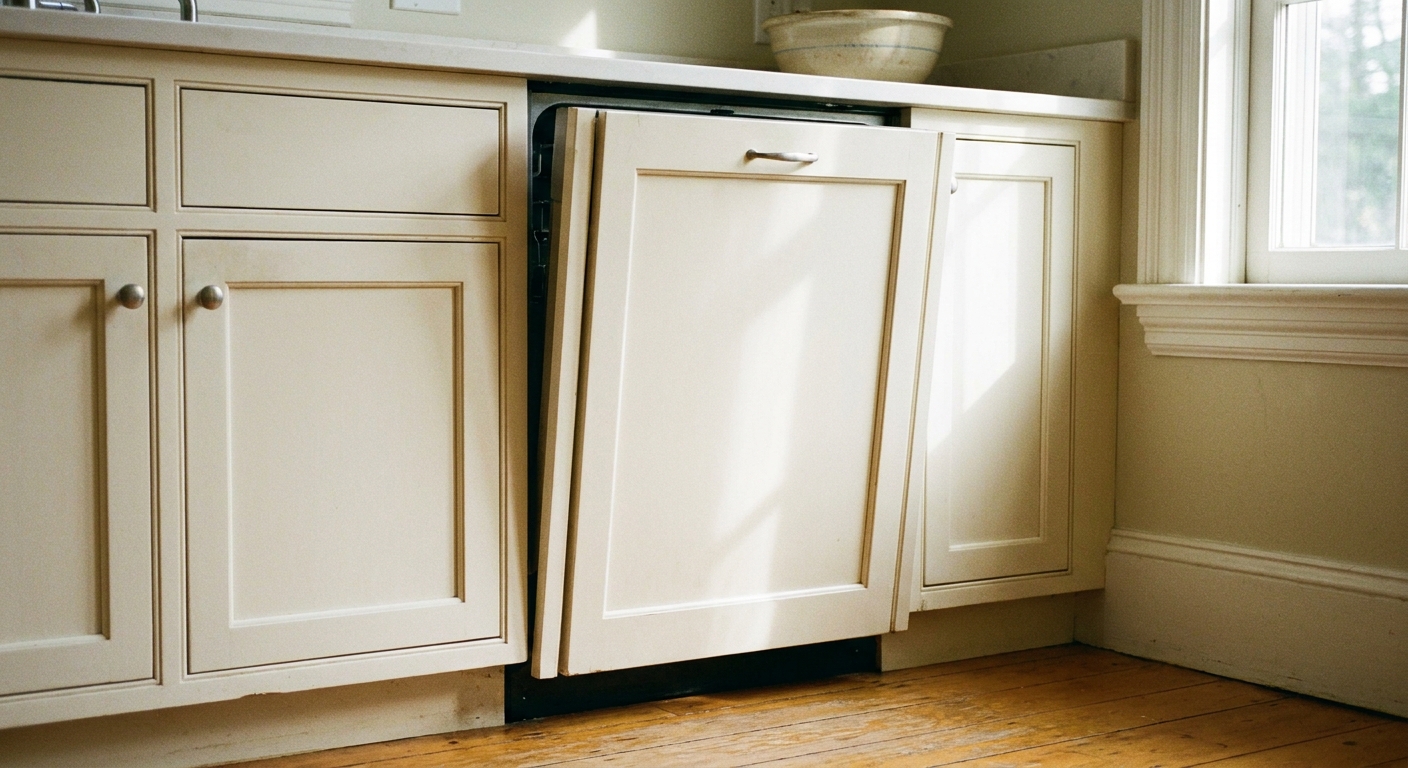 Front view of a built-in dishwasher in a kitchen where the door alignment looks slightly uneven relative to surrounding cabinets, natural light