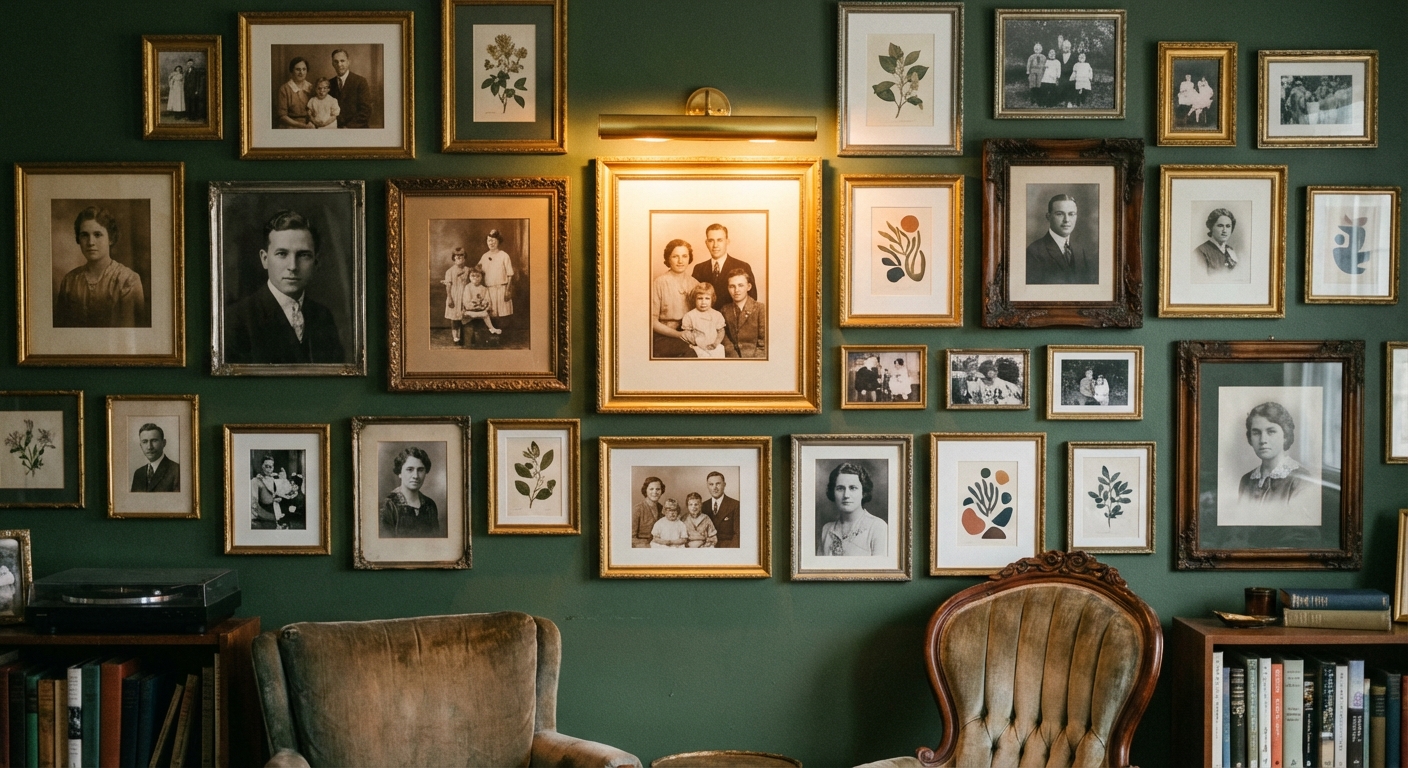 Gallery wall with vintage frames, family photos, and small art prints, lit by a warm picture light