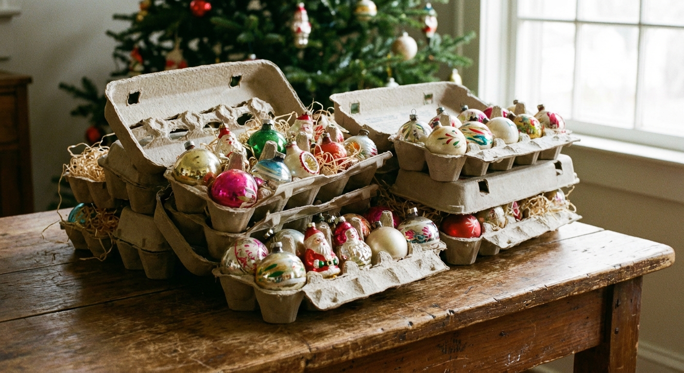 Glass holiday ornaments nestled inside stacked cardboard egg cartons on a wooden table, realistic indoor photography
