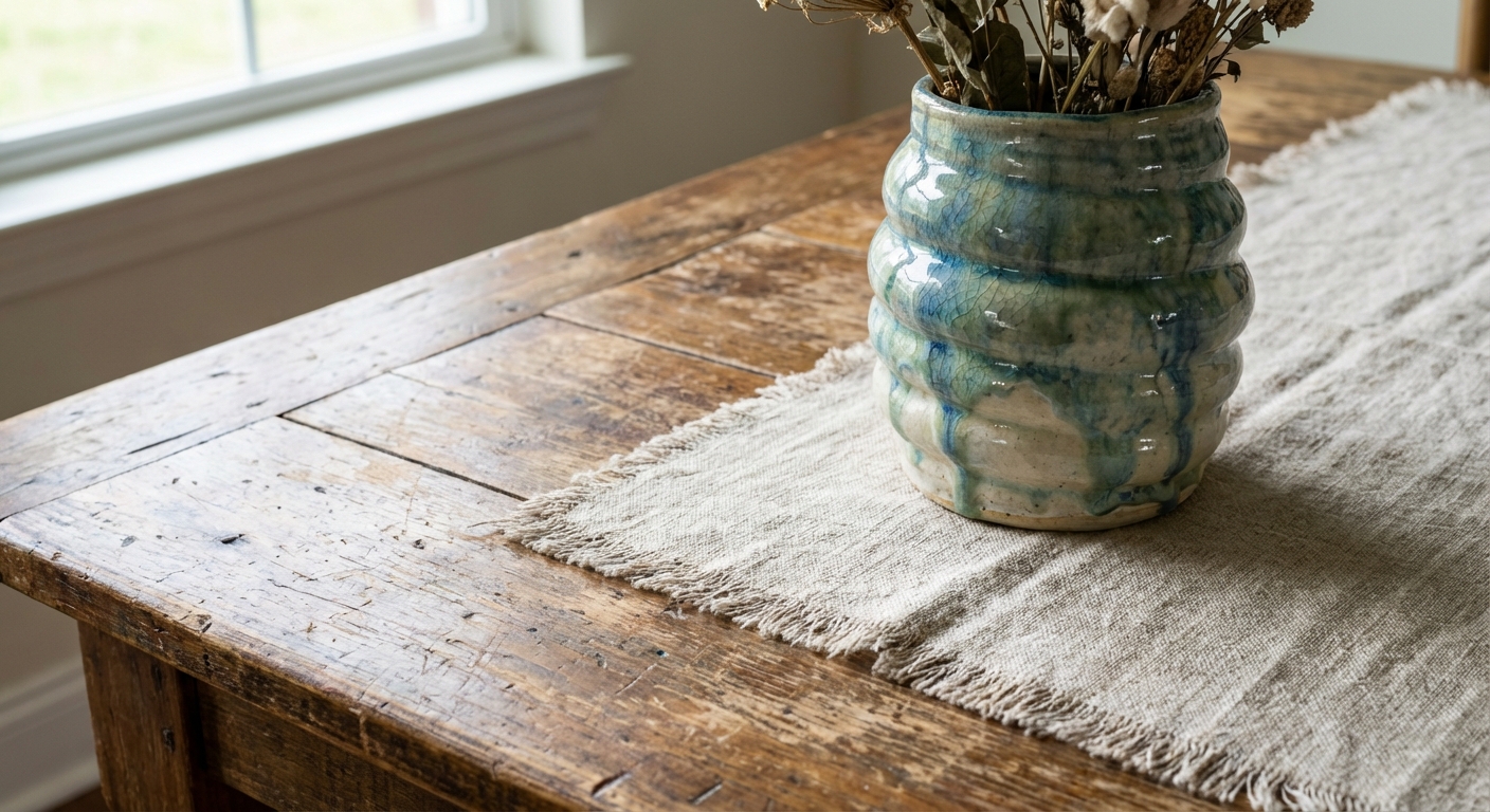 Handmade ceramic vase with an imperfect glaze on a linen runner atop a wooden dining table