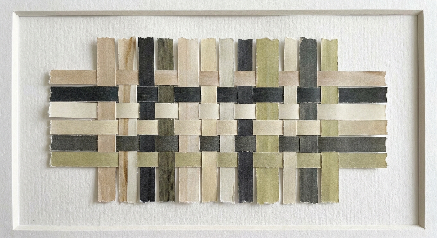 Handmade paper weaving made from magazine strips mounted on white paper, showing subtle neutral tones and texture