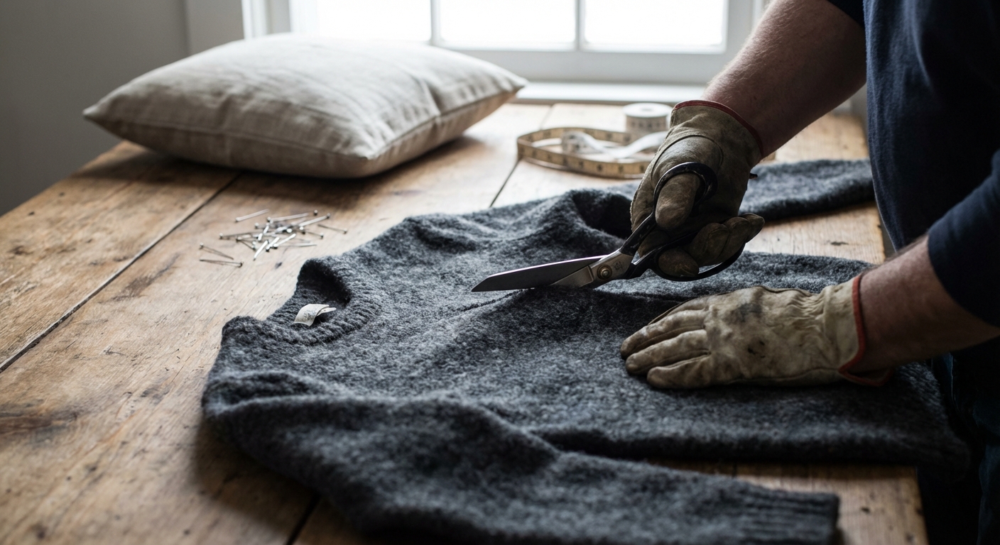 Hands cutting a charcoal wool sweater on a wooden table with scissors, pins, and a pillow insert nearby, real photo