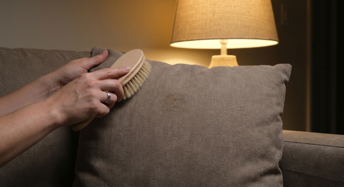 Hands gently brushing a taupe microfiber cushion with a soft brush to lift the nap around a small scorched area under warm indoor lamp light