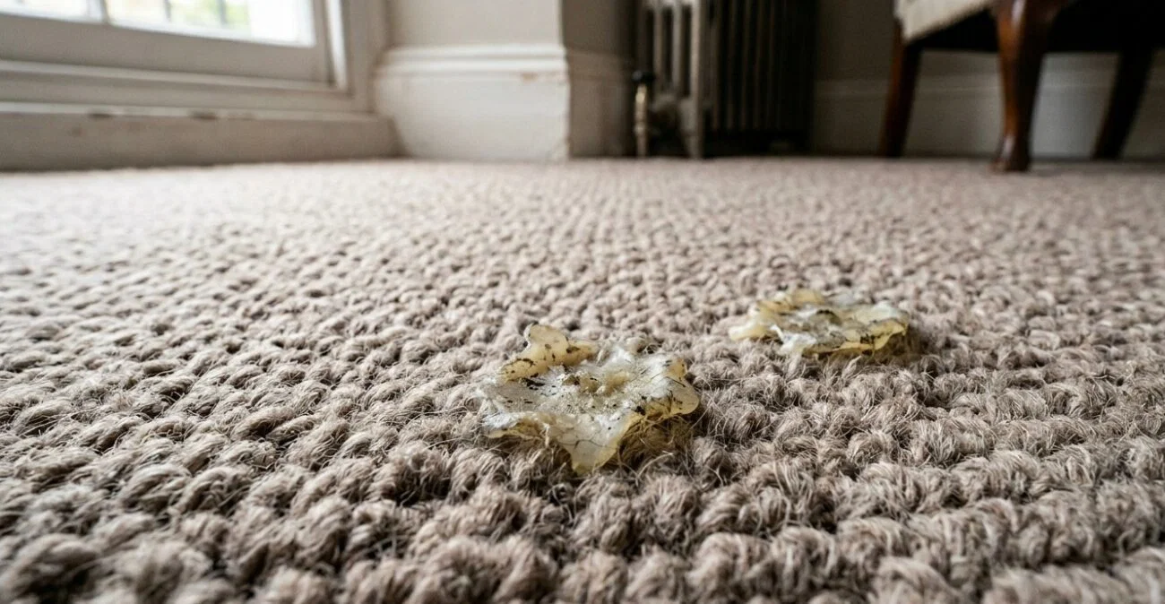 Hands gently cracking hardened candle wax from long shag rug fibers using a plastic card and careful pinching