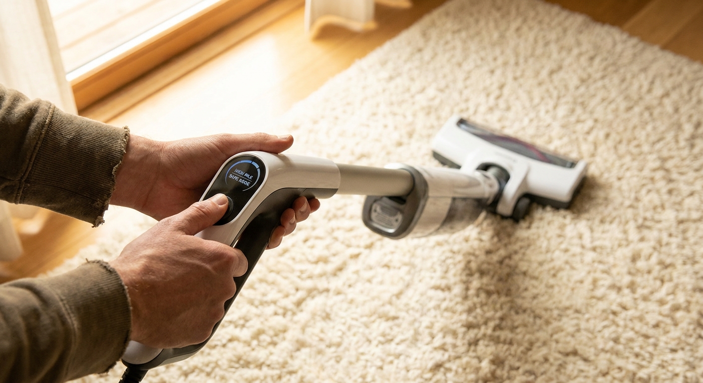 Hands gently vacuuming a cream shag rug with a high-pile safe setting