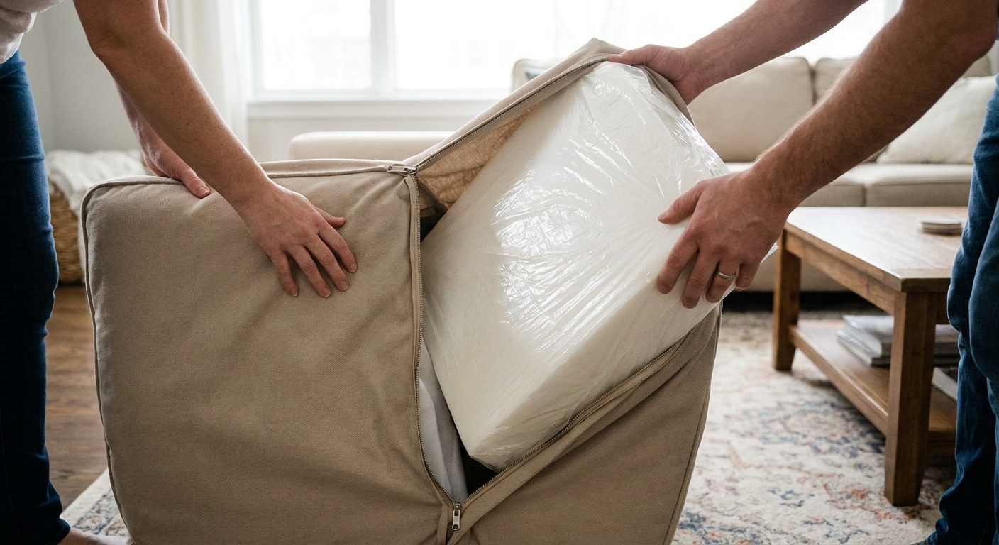Hands guiding a wrapped foam insert into a beige sofa cushion cover with an open zipper, realistic indoor photo