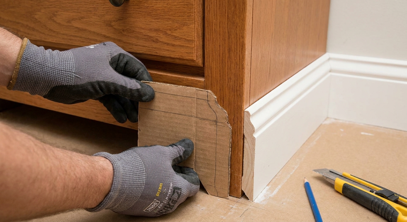 Hands holding a cardboard template traced to match a white baseboard profile next to a dresser corner, ready for notching