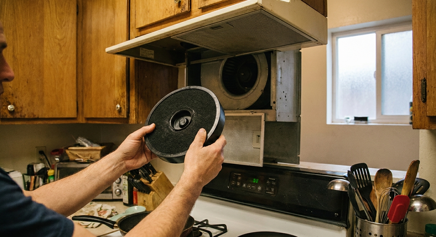 Hands holding a round charcoal range hood filter above an open ductless range hood, realistic apartment kitchen photo