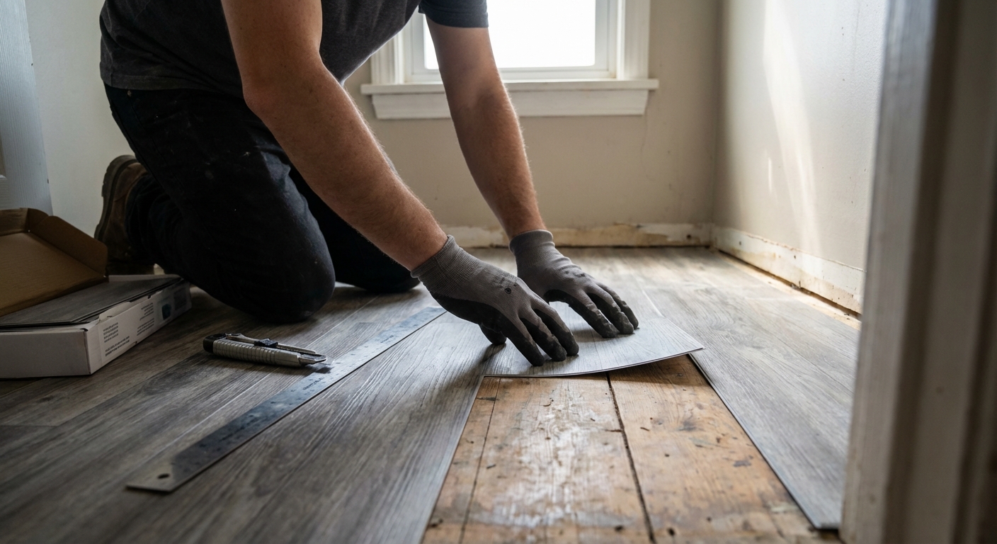 Hands installing peel-and-stick vinyl tiles on a small bathroom floor, with a utility knife and straightedge nearby, real photography style