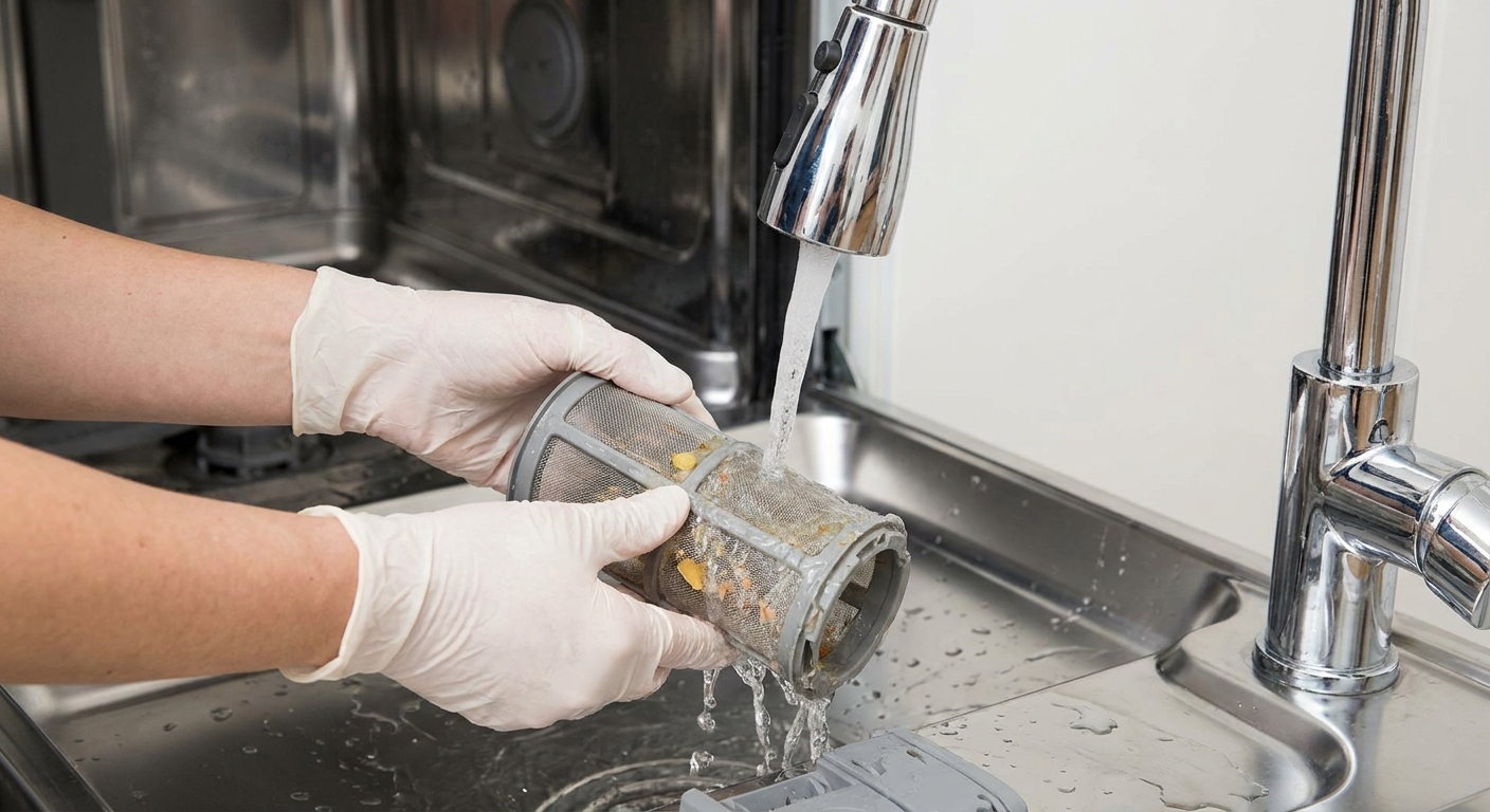 Hands lifting a cylindrical dishwasher filter from the bottom of a stainless dishwasher and rinsing it under a kitchen faucet, close-up photo