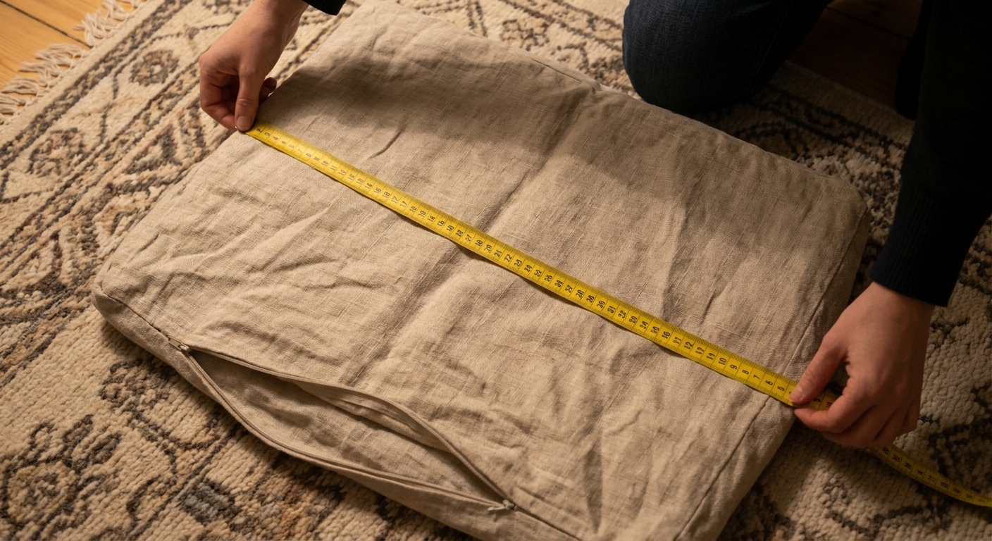 Hands measuring an empty sofa cushion cover laid flat on a rug using a flexible tape measure, warm indoor light, realistic photo