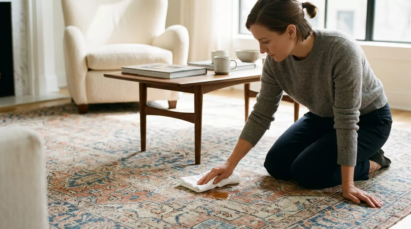 Hands pressing a stack of white towels onto a damp area rug to blot up spilled liquid