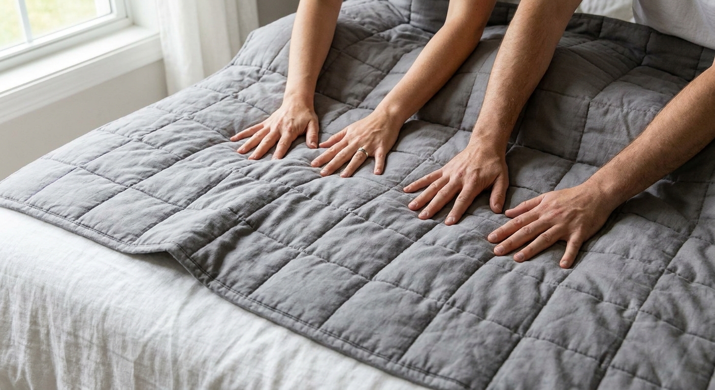 Hands pressing and smoothing a quilted weighted blanket on a white bed, gently redistributing the fill across square pockets